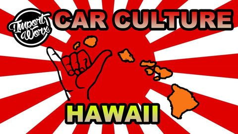 hawaii state map and jdm sun background text says car culture hawaii 