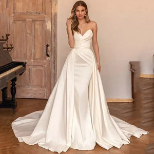 Ivory Satin Detachable Train Mermaid Gown - Luxlife Brands