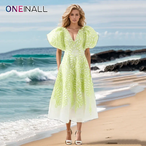 ONEINALL Printing Elegant Runway Dress For Women V Neck Puff Sleeve High Waist Spliced Zipper Summer Mini Dresses Female Clothes - Luxlife Brands