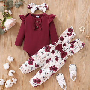 LUXBABY Gilfs 0-18 Months Red Long Sleeve Bodysuit + Flower Strap Pants 2PCS - Luxlife Brands