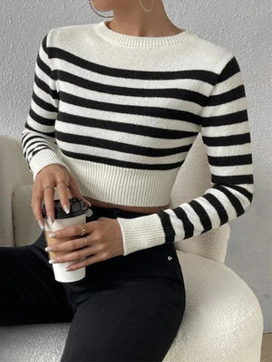 2023 Autumn Winter Women Striped Basic Sweaters Jumper Knitted Crop Tops Bodycon Slim Long Sleeve O-neck Pullover - Luxlife Brands
