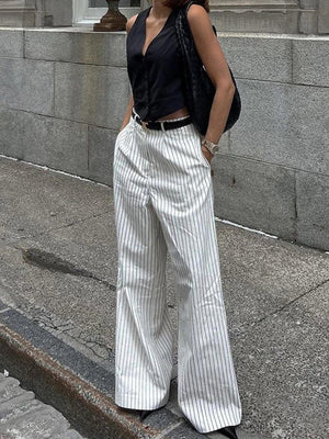Aynaray Spring Summer 2024 Women Striped Office Trousers High Waist Loose Wide Leg Flare Pants For Women - Luxlife Brands