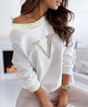 Autumn Women Sexy Print Oblique Collar Fashion T-shirts Rhinestone Letter Long Sleeve Casual Top - Luxlife Brands