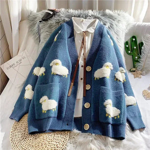 Sheep Cartoon V-Neck Long Sleeve Loose Knitted Sweater Women's Cardigan Korean Fashion Autumn Winter Thick Cardigan For Women - Luxlife Brands