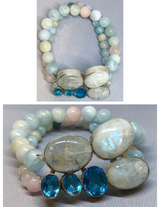 Moonstone & Blue Topaz Set in 925 Silver with Morganite Crystal Beaded Double Strand Bracelet