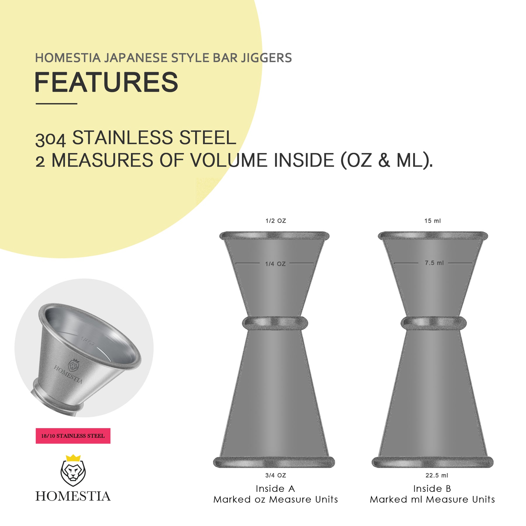 Cocktail Kingdom Japanese Style Jigger 3/4 oz and 1/2 oz Measure - Stainless Steel