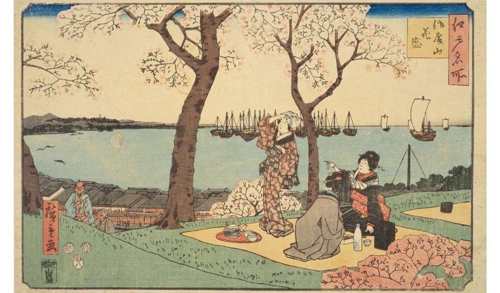 estampe d'Hiroshige représentant un pique-nique sous les cerisiers fleuris