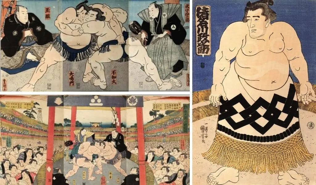 estampes japonaises représentant des combats de sumo