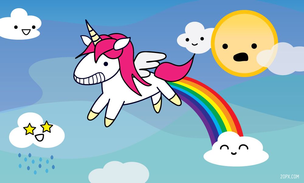 Unicorn flying and pooping a rainbow