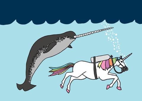 A unicorn swims next to a narwhal drawing