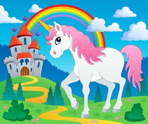 dessin Belle licorne devant un chateau et un arc-en-ciel