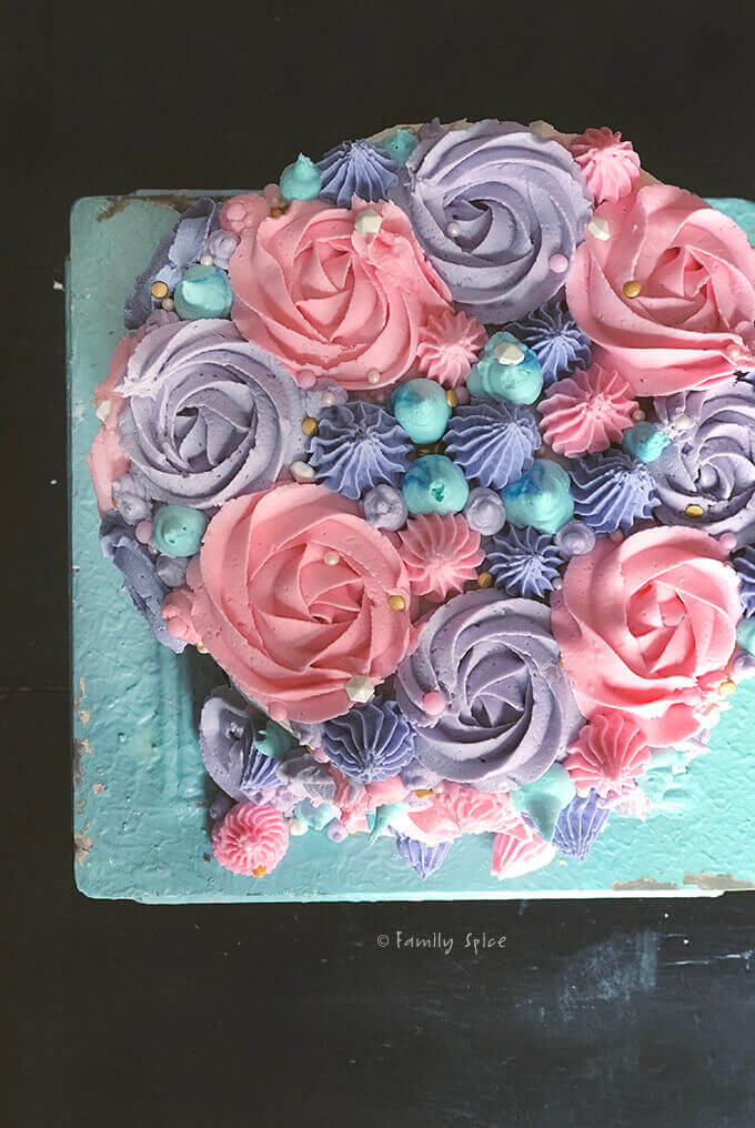 the rosettes finished on the unicorn cake for the mane