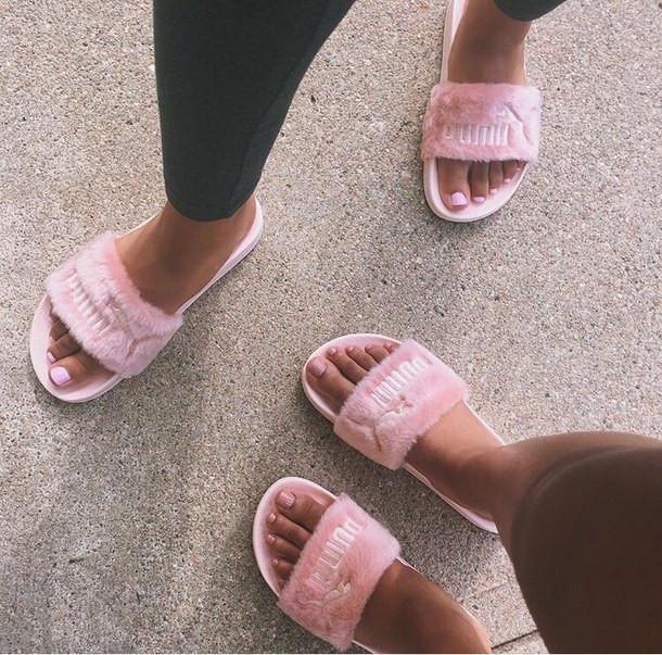 grey fur puma slides