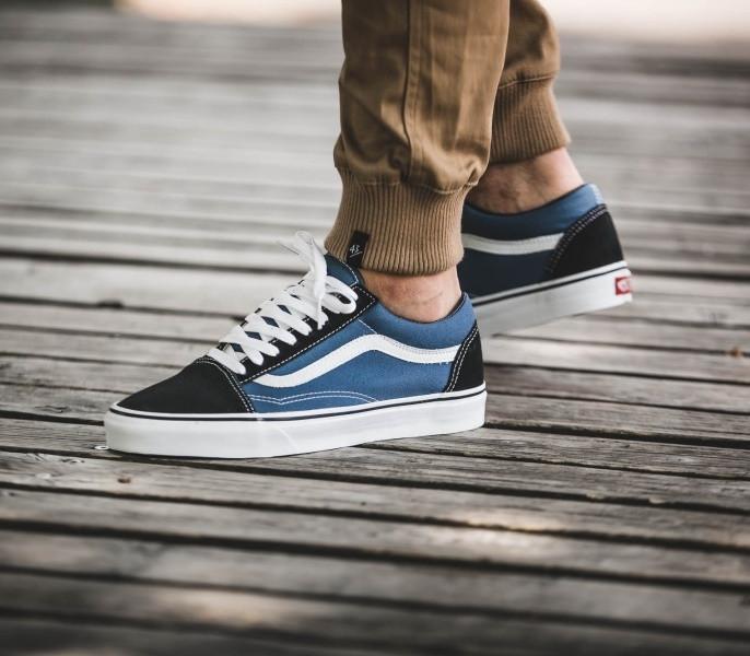 vans old skool blue on feet