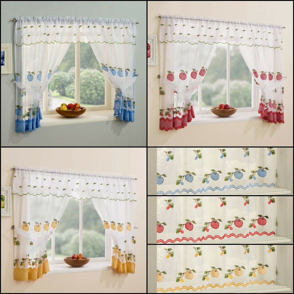 Kitchen Window Net Curtains Set With Apple Cherry Embroidery Gingham Trim Kellyuk