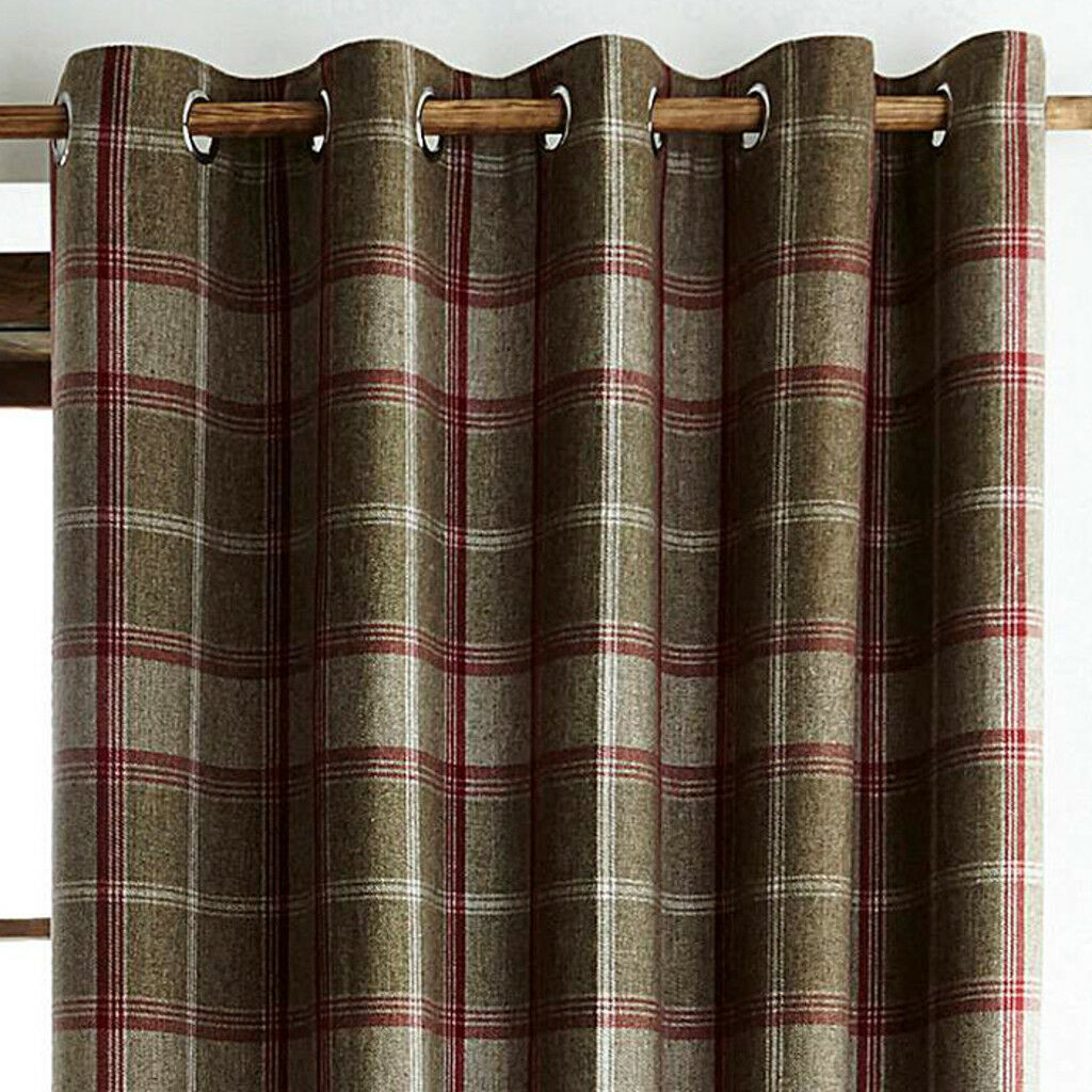 Luxury Check Highland Ring Top Eyelet Lined Curtains Brushed Faux Wool Effect