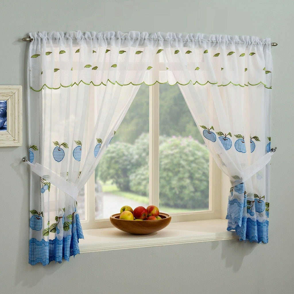 Kitchen Window Net Curtains Set With Apple Cherry Embroidery Gingham Trim Kellyuk