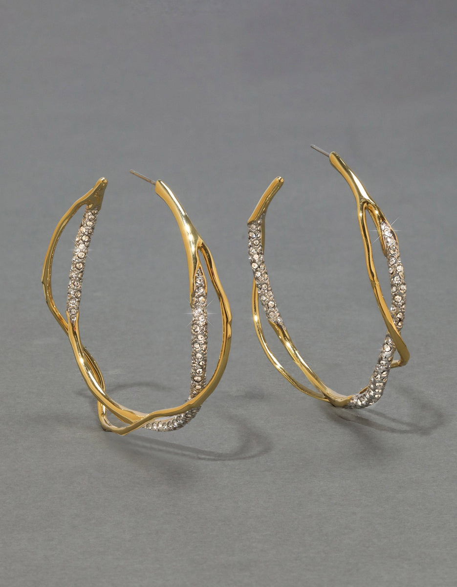 Intertwined Two Tone Pave Hoop Earring- Gold