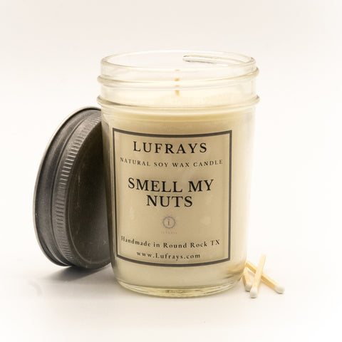 Smell My Nuts handmade soy candle in 8oz jelly jar with pewter lid.