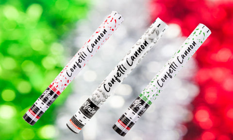 Red Green and White confetti cannons for cinco de mayo