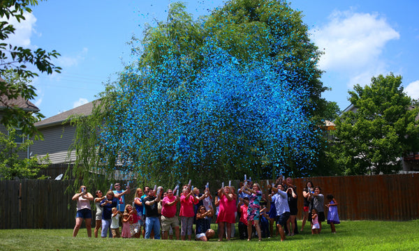 Huge Group for Confetti Cannon Gender Reveal