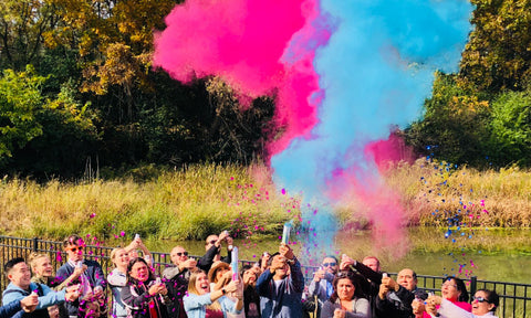 Gender Reveal with blue and pink powder cannon