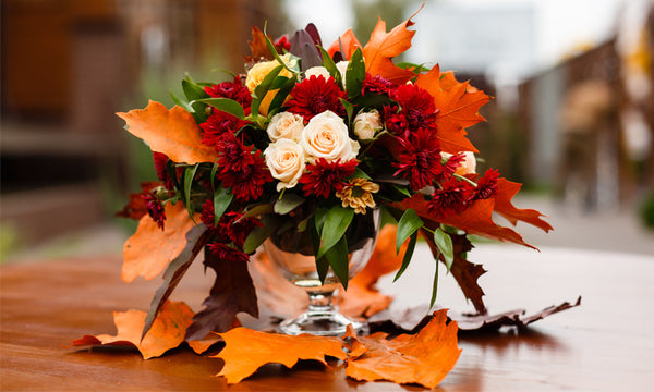 Display of Fall Wedding Leaves and centerpieces