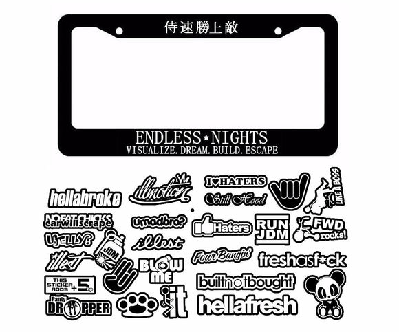 Endless Nights JDM License Plate Frame w/ 25+ JDM Stickers Decal Pack / Lot 3-5