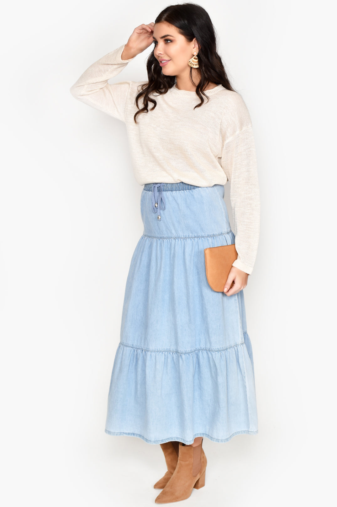 tiered denim maxi skirt