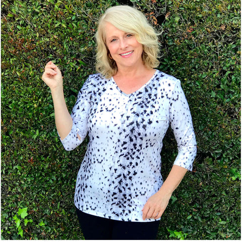 Animal print womens top, snow leopared top, fashion for women over 50