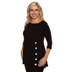 Black a-line women's top with slimming buttons