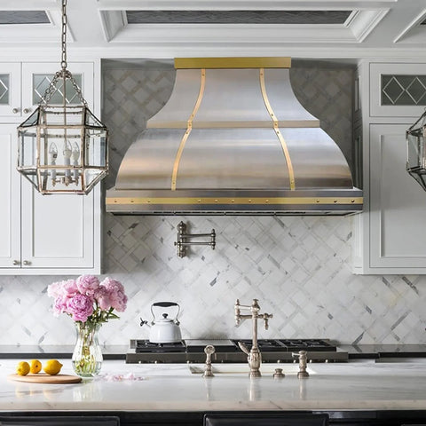 SINDA High-end Bell Shaped Custom Stainless Steel Vent Hood with Brushed Brass Straps and Rivets