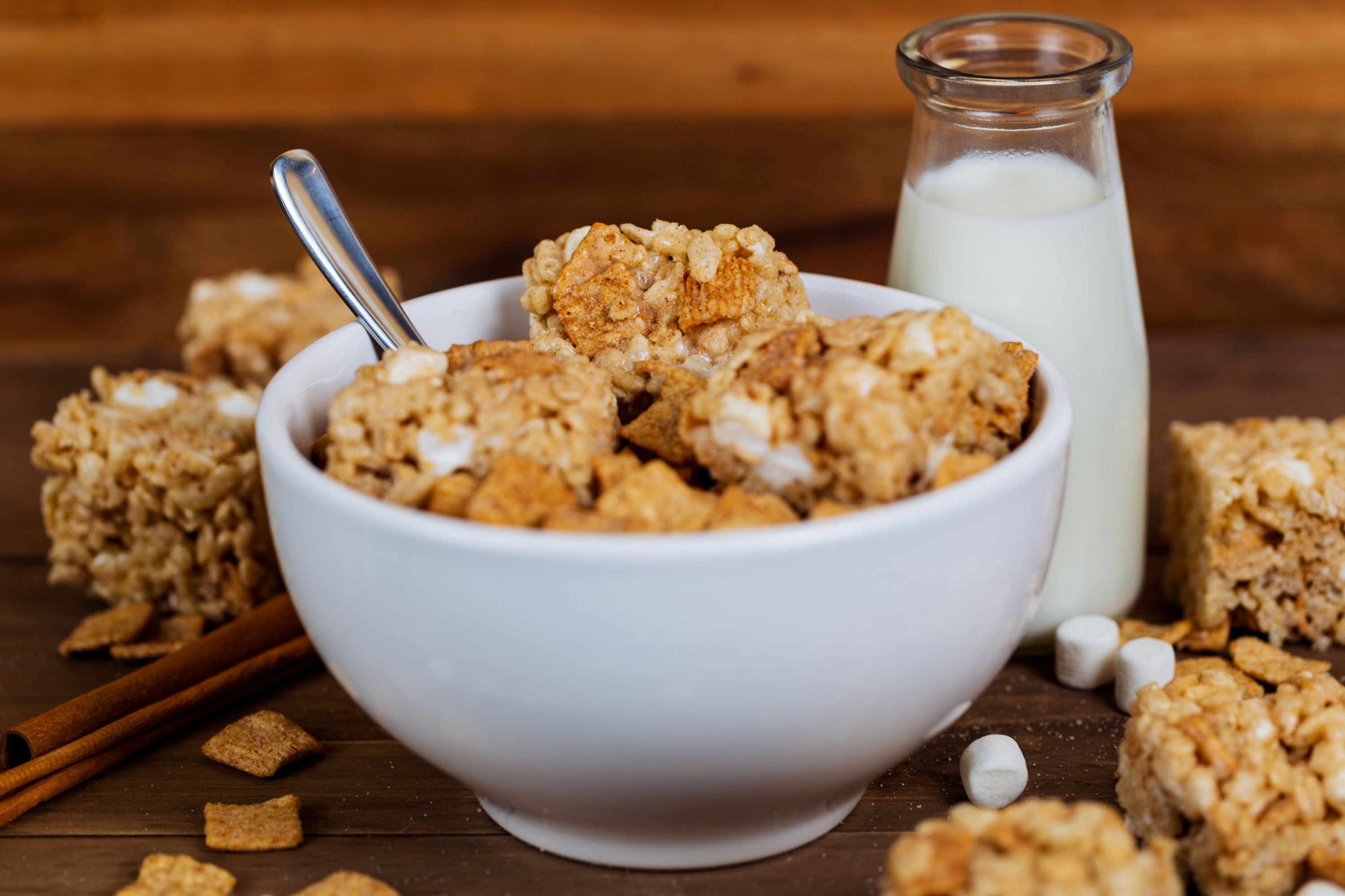 Delta 9 THC Cinna Crunch Squares in a cereal bowl
