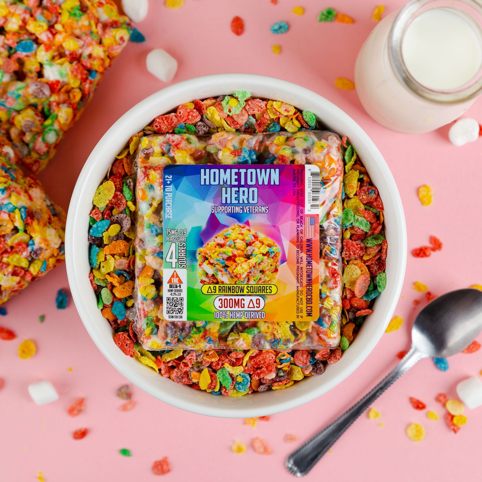 Buy 4 Get 1 FREE Delta-9 THC Rainbow Squares in a cereal bowl