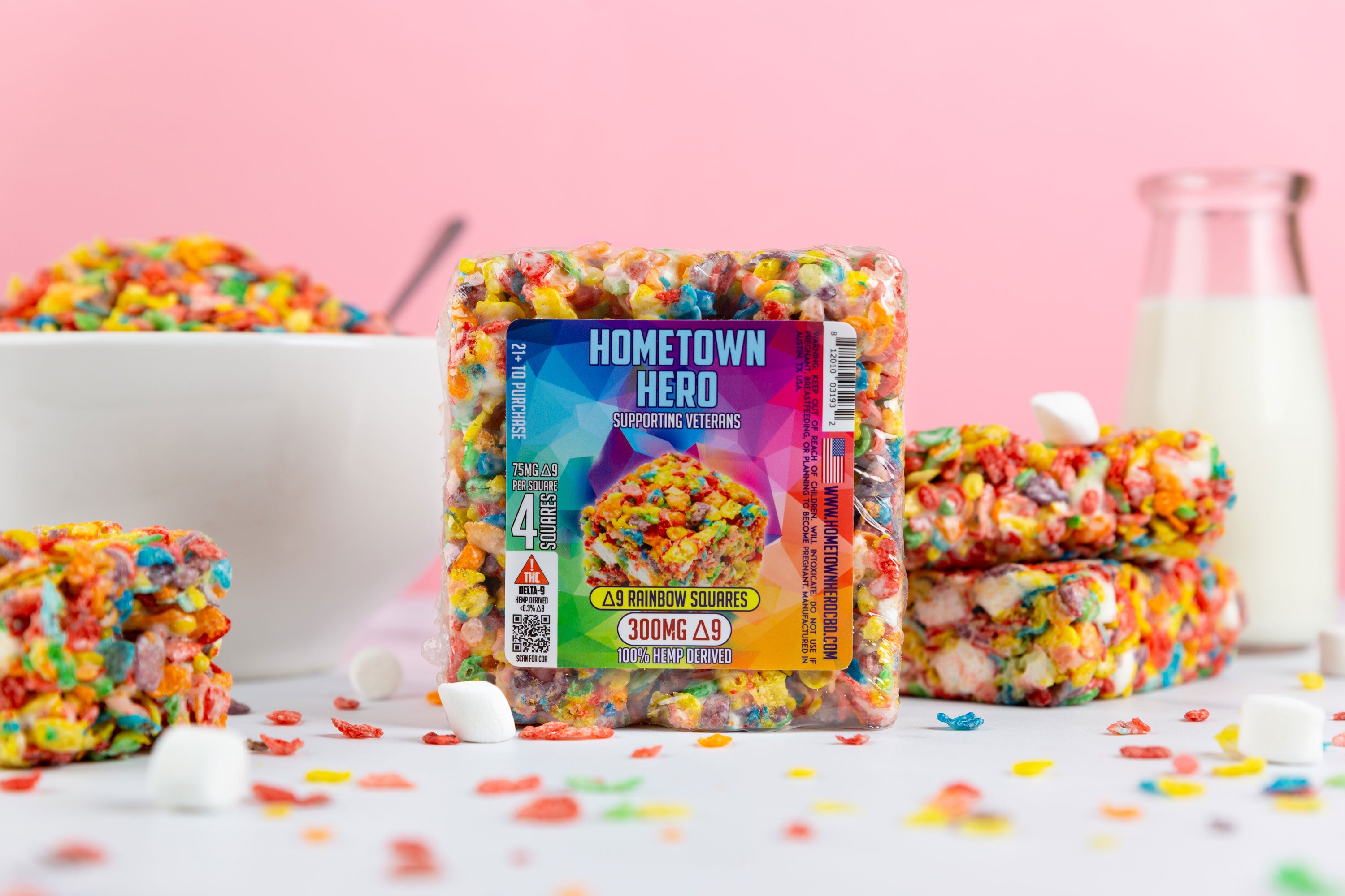 Buy 4 Get 1 FREE Delta-9 THC Rainbow Squares with glass of milk