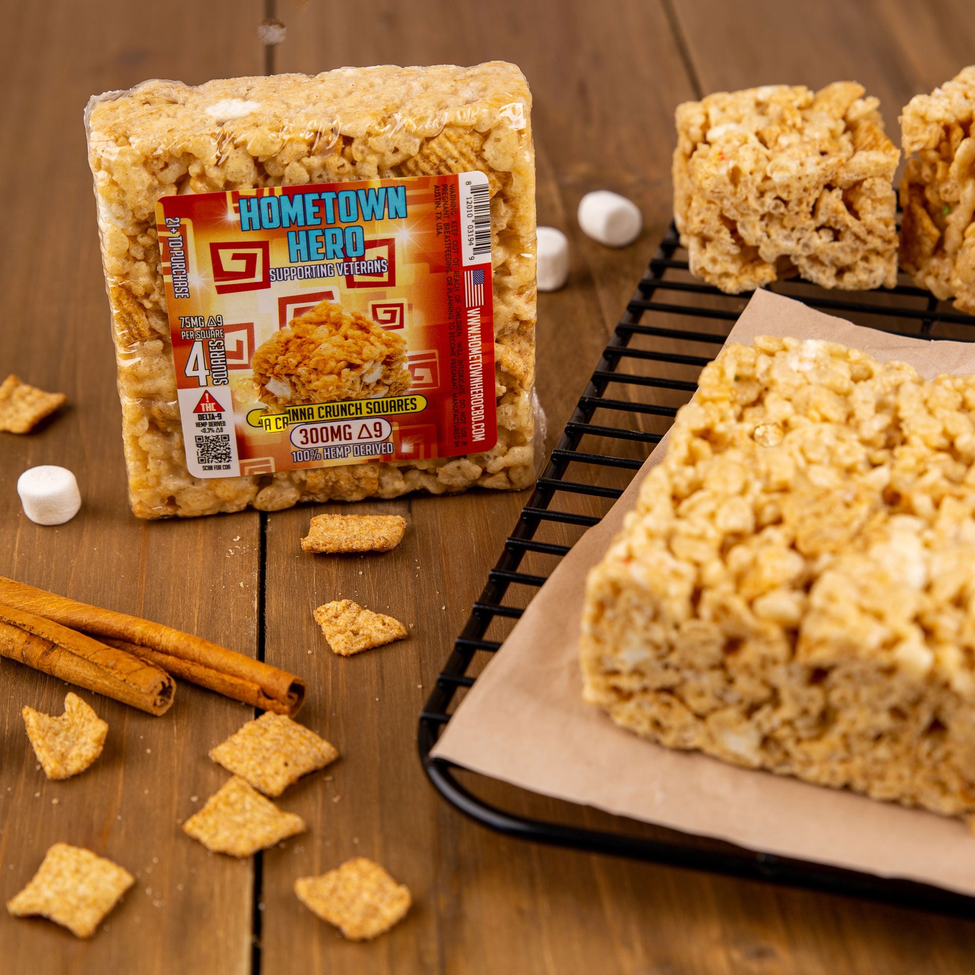 Buy 4 Get 1 FREE Delta 9 Cinna Crunch Squares on table