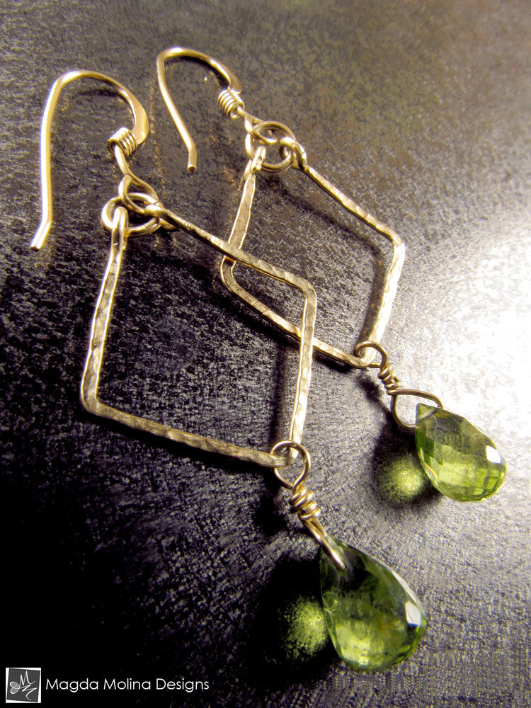 The Hammered Gold Diamonds Earrings With Fancy Peridot Drops - Magda ...