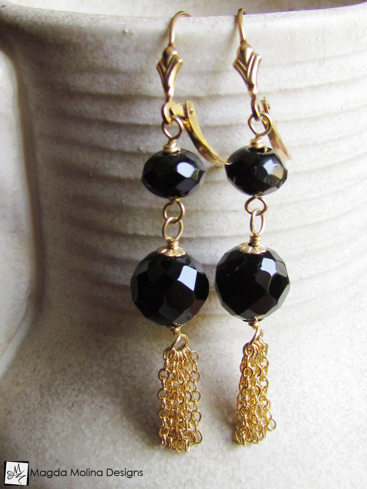 The Black Onyx And Gold Tassel Earrings - Magda Molina Designs
