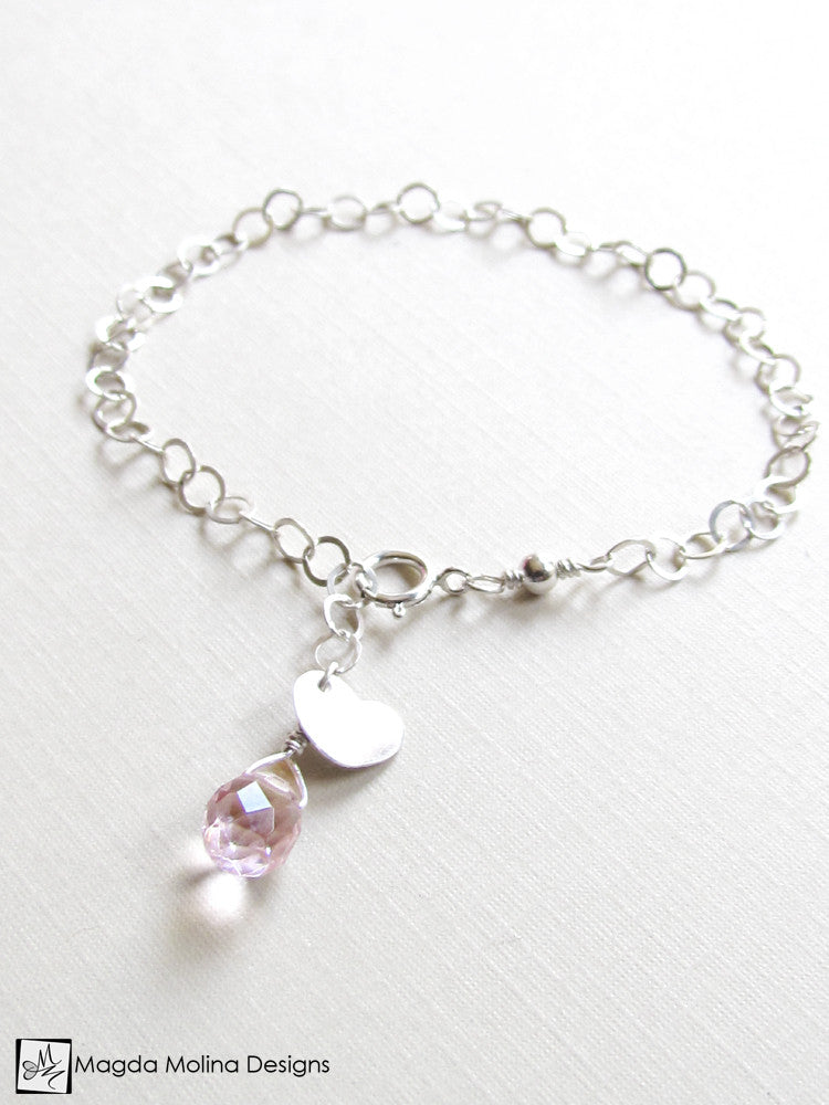 Mini Goddess (children) Chain Bracelet With Tiny Heart Charm & Pink Qu ...