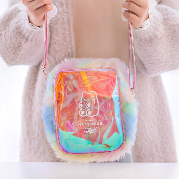 Gummy bear laser oblique straddle bag soft girls students transparent shoulder bag rainbow plush bag
