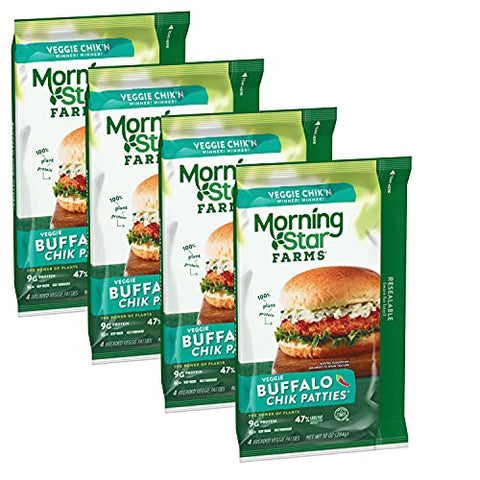 MorningStar Farms Meatless Chicken Patties, Plant Based Protein Vegan Meat, Frozen Meal, Veggie Buffalo Chik Patties - 4 Bags (10 oz. 4 Patties per Bag), Total 16 Patties