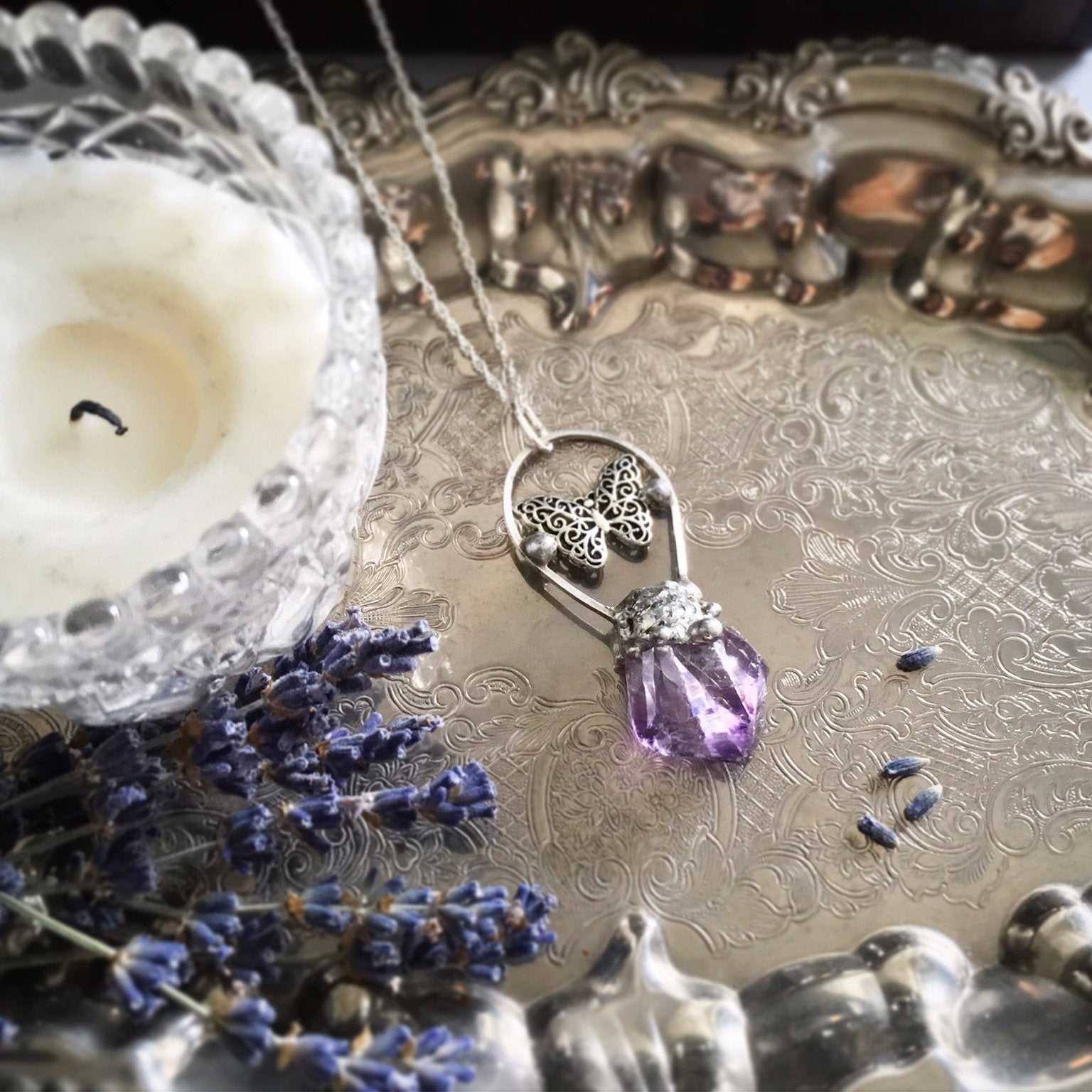 Amethyst Crystal Necklace with Butterfly Charm - Andune Jewellery