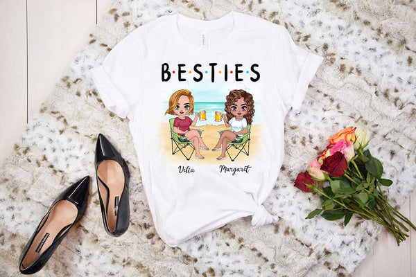 Personalized Besties T Shirts - 2 Sisters On The Beach Personalized Best Friends T Shirts -White