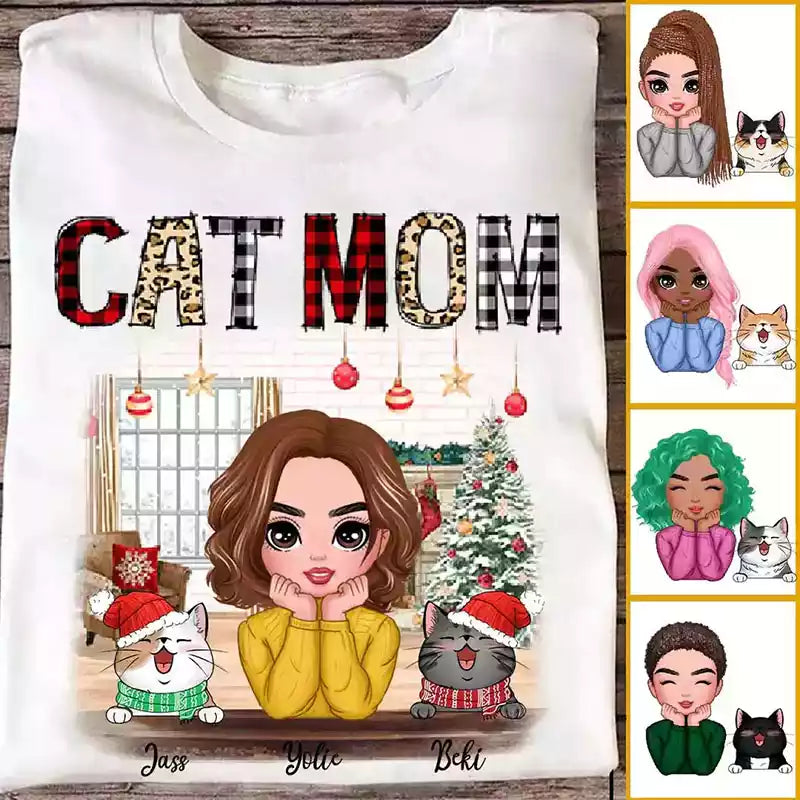 Cat Mom T Shirt - Up To 4 Cats Personalized Christmas Cat Mom T Shirts