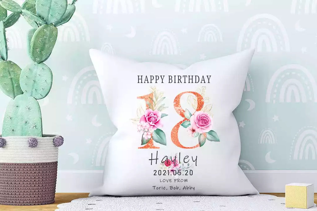 Art Floral Number Personalized Birthday Throw Pillow