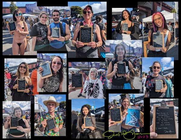 A collage of Chaos Poem portraits collected from Haight Ashbury Street Fair on Sunday September 17 2023