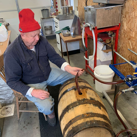 Bourbon Maple Syrup being aged in a barrel at Saratoga Maple