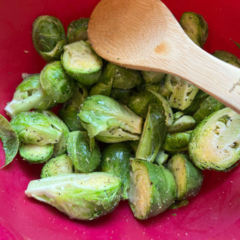 Maple Syrup Brussel Sprouts Recipe: Step 2 Season with Olive Oil, Salt Pepper
