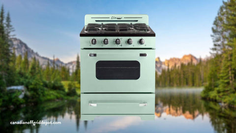 Unique propane off-grid classic retro style range in mint green with lake background