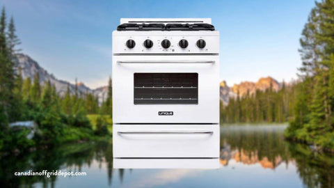 Unique off-grid propane range in white 30" with lake background